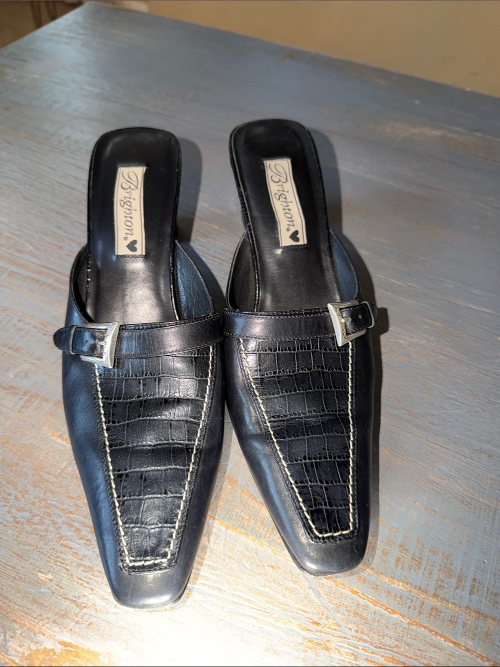 Brighton Black Croc-Embossed Slip-On Mules with Silver Buckle
